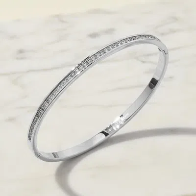 Fashnzfab Stainless Steel Slim Cz Accent Hinged Bangle Bracelet In Silver
