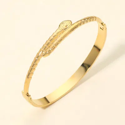 Fashnzfab Stainless Steel Snake Head Accent Hinged Bangle Bracelet In Pink