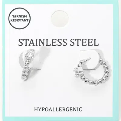 Fashnzfab Stainless Steel Solitaire Accent Beaded Mini Huggie Hoop Earrings In Silver