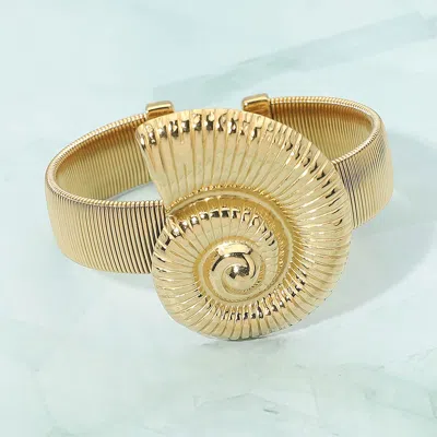Fashnzfab Stainless Steel Spiral Shell Accent Cuff Bracelet In Gold