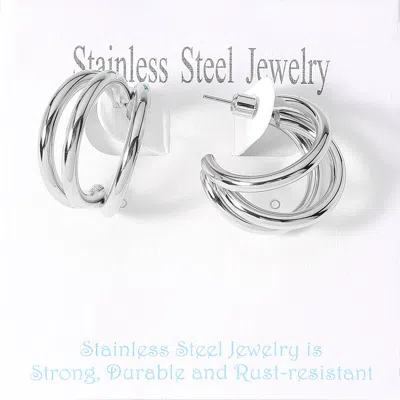 Fashnzfab Stainless Steel Split Hoop Earrings - Rhodium In Silver
