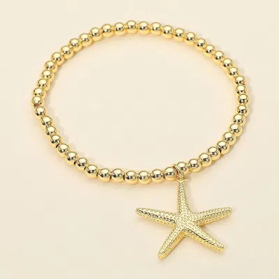 Fashnzfab Stainless Steel Starfish Charm Beaded Stretch Bracelet In Gold