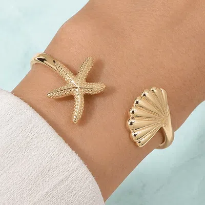 Fashnzfab Stainless Steel Starfish Seashell Tip Open Cuff Bracelet In Gold