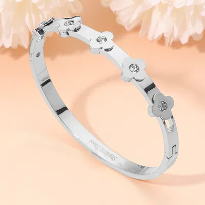 Fashnzfab Stainless Steel Stone Accent Quatrefoil Motif Hinged Bangle Bracelet In Beige