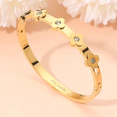 Fashnzfab Stainless Steel Stone Accent Quatrefoil Motif Hinged Bangle Bracelet In Gold