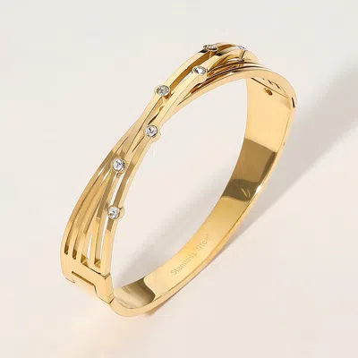 Fashnzfab Stainless Steel Stone Bezel Embellished Split Twisted Hinged Bangle Bracelet Gold