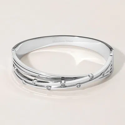 Fashnzfab Stainless Steel Stone Bezel Embellished Split Twisted Hinged Bangle Bracelet Silver