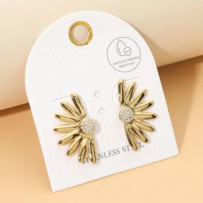 Fashnzfab Stainless Steel Stone Pave Half Petal Floral Earrings In Gold