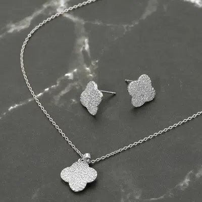 Fashnzfab Stainless Steel Stone Pave Quatrefoil Pendant Necklace In Silver