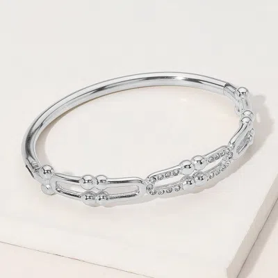 Fashnzfab Stainless Steel Stone Paved Abstract Hinged Bangle Bracelet Silver