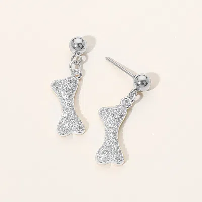 Fashnzfab Stainless Steel Stone Paved Bone Dangle Earrings - Clear, Silver