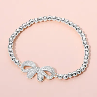 Fashnzfab Stainless Steel Stone Paved Bow Ball Beaded Stretch Bracelet Silver