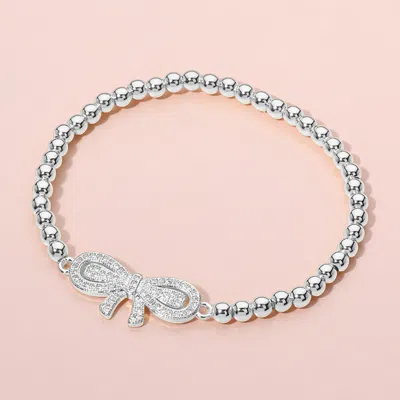 Fashnzfab Stainless Steel Stone Paved Bow Ball Beaded Stretch Bracelet Silver