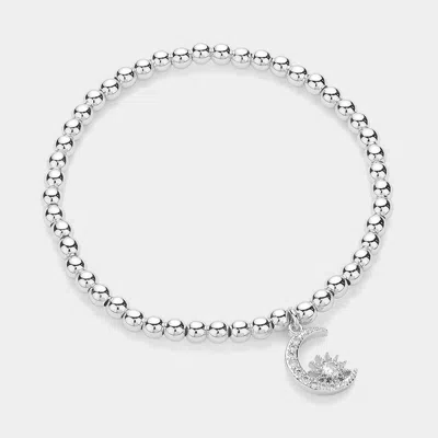 Fashnzfab Stainless Steel Stone Paved Crescent Star Charm Stretch Ball Bracelet Silver