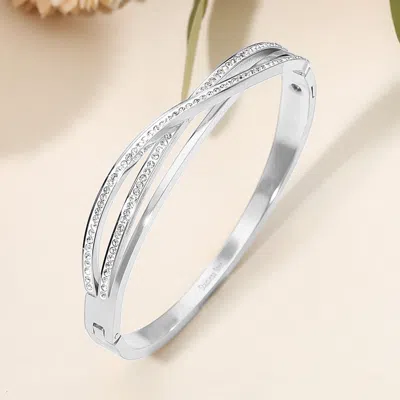Fashnzfab Stainless Steel Stone Paved Crisscross Hinged Bangle Bracelet In Metallic