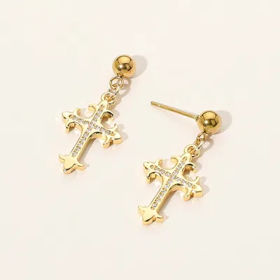 Fashnzfab Stainless Steel Stone Paved Cross Dangle Earrings - Gold