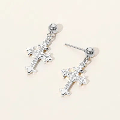 Fashnzfab Stainless Steel Stone Paved Cross Dangle Earrings - Silver