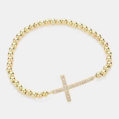Fashnzfab Stainless Steel Stone Paved Cross Pendant Pointed Stretch Bracelet Gold