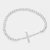 Fashnzfab Stainless Steel Stone Paved Cross Pendant Pointed Stretch Bracelet Silver In Silver