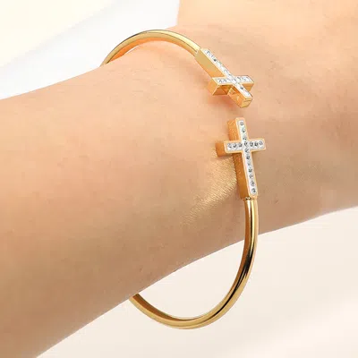 Fashnzfab Stainless Steel Stone Paved Cross Tip Cuff Bracelet Gold