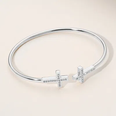Fashnzfab Stainless Steel Stone Paved Cross Tip Cuff Bracelet Silver