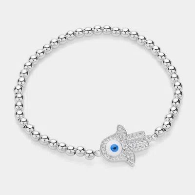 Fashnzfab Stainless Steel Stone Paved Evil Eye Hamsahand Pointed Stretch Bracelet Silver