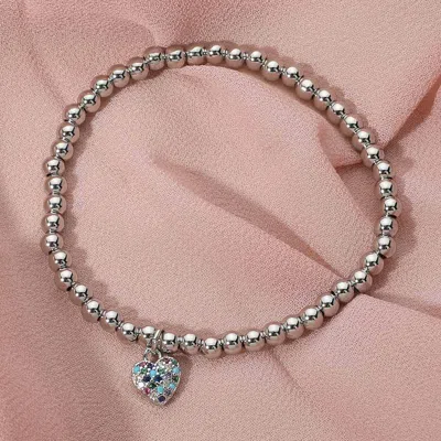 Fashnzfab Stainless Steel Stone Paved Heart Charm Beaded Stretch Bracelet Multi, Silver