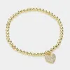 Fashnzfab Stainless Steel Stone Paved Heart Charm Stretch Ball Bracelet Gold In Gold