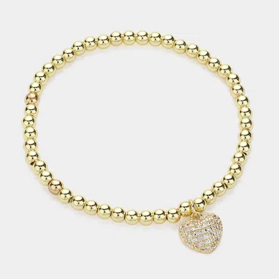 Fashnzfab Stainless Steel Stone Paved Heart Charm Stretch Ball Bracelet Gold