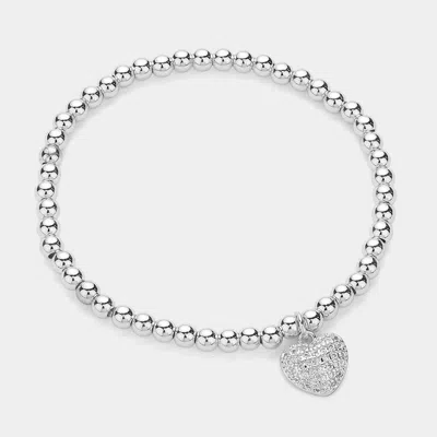 Fashnzfab Stainless Steel Stone Paved Heart Charm Stretch Ball Bracelet Silver
