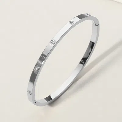Fashnzfab Stainless Steel Stone Paved Hinged Bangle Bracelet In Metallic