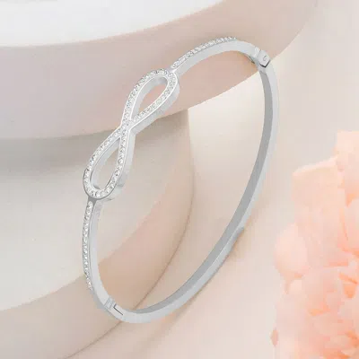 Fashnzfab Stainless Steel Stone Paved Infinity Pointed Hinged Bangle Bracelet In Silver