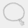 Fashnzfab Stainless Steel Stone Paved Key And Lock Charm Stretch Ball Bracelet Silver In Silver