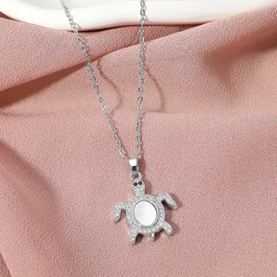 Fashnzfab Stainless Steel Stone Paved Mother Of Pearl Turtle Pendant Necklace In Metallic