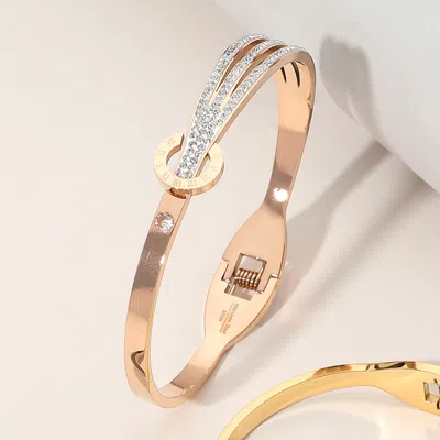 Fashnzfab Stainless Steel Stone Paved Multi Row Accent Hinged Bangle Bracelet Rose Gold