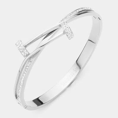 Fashnzfab Stainless Steel Stone Paved Nail Head Pointed Hinged Bracelet Silver
