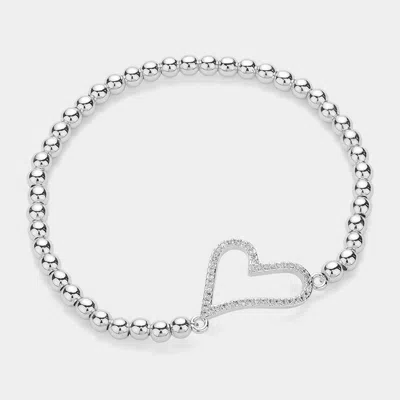 Fashnzfab Stainless Steel Stone Paved Open Heart Charm Pointed Stretch Bracelet Silver