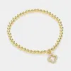 Fashnzfab Stainless Steel Stone Paved Open Quatrefoil Charm Stretch Ball Bracelet Gold In Gold
