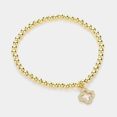 Fashnzfab Stainless Steel Stone Paved Open Quatrefoil Charm Stretch Ball Bracelet Gold
