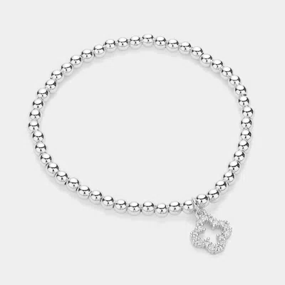 Fashnzfab Stainless Steel Stone Paved Open Quatrefoil Charm Stretch Ball Bracelet Silver