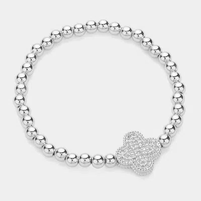 Fashnzfab Stainless Steel Stone Paved Quatrefoil Charm Pointed Stretch Bracelet In Metallic