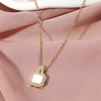 Fashnzfab Stainless Steel Stone Paved Rim Mother Of Pearl Square Pendant Necklace In Multi