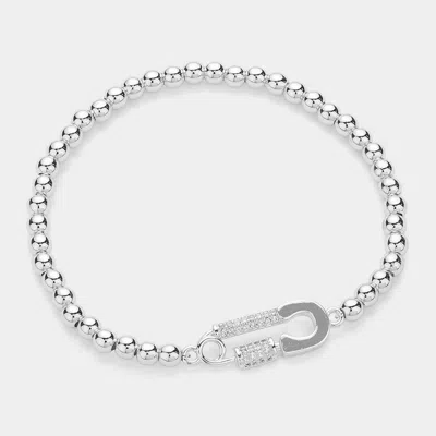 Fashnzfab Stainless Steel Stone Paved Safety Pin Charm Pointed Stretch Bracelet Silver