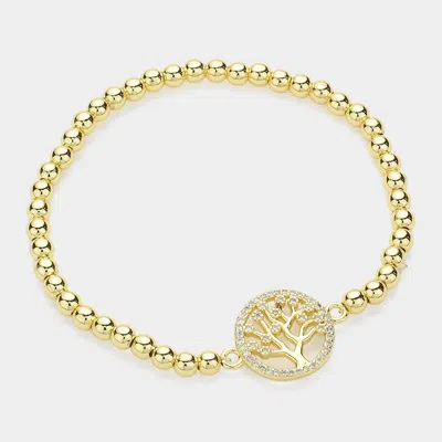 Fashnzfab Stainless Steel Stone Paved Tree Of Life Pointed Stretch Bracelet Gold