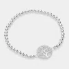 Fashnzfab Stainless Steel Stone Paved Tree Of Life Pointed Stretch Bracelet Silver In Silver