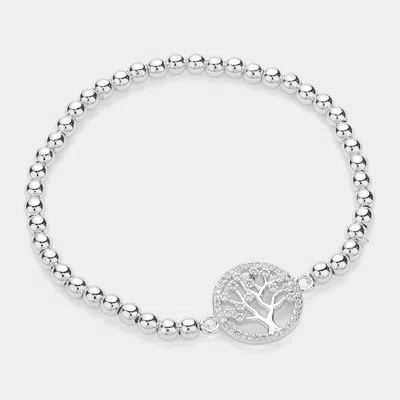 Fashnzfab Stainless Steel Stone Paved Tree Of Life Pointed Stretch Bracelet Silver
