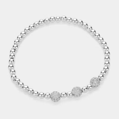 Fashnzfab Stainless Steel Stone Paved Triple Shamballa Ball Pointed Stretch Bracelet Silver