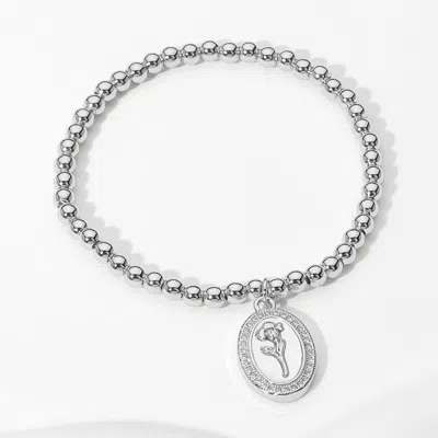 Fashnzfab Stainless Steel Stone Paved Tulip Flower Embossed Mother Of Pearl Oval Charm Beaded Stretch Bracelet In Multi