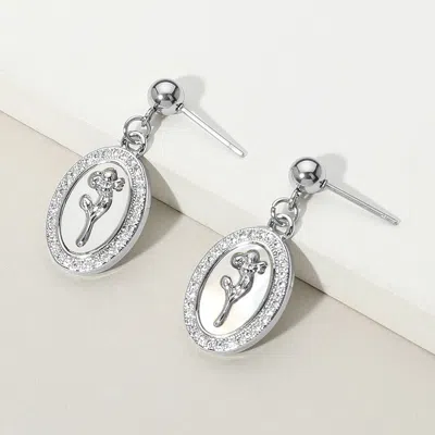 Fashnzfab Stainless Steel Stone Paved Tulip Flower Embossed Mother Of Pearl Oval Dangle Earrings - Mother Of P In Metallic