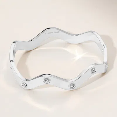 Fashnzfab Stainless Steel Stone Paved Wavy Hinged Bangle Bracelet Silver